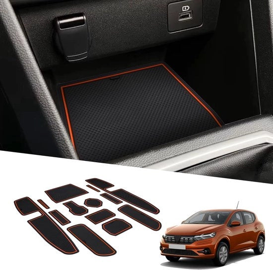Accessori per Dacia Sandero III Stepway III Crossover, set di 13 mattonelle antislip per console centrale, supporto guida in gomma, contenitore per bicchiere, maniglione antislip e tappo porta.