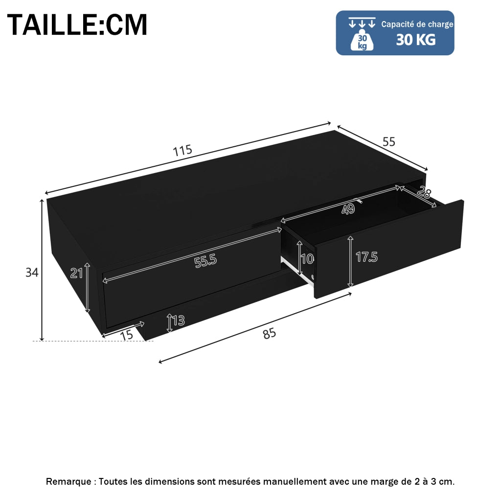 Tavolino da Salotto con 2 Cassetti e LED; Nero Lucido; Stile Moderno; in Pannello di Particelle; 115×55×34 cm