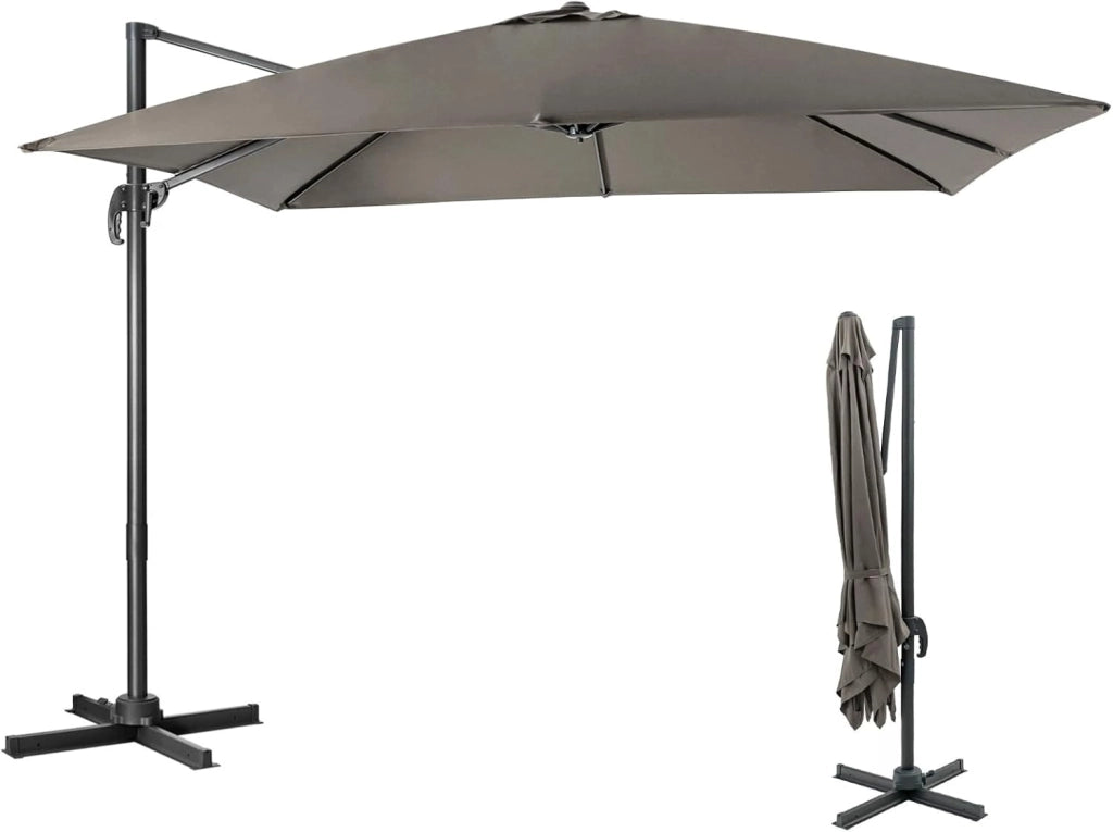 Ombrellone da Giardino 300 x 300cm | 3 Inclinazioni, Rotazione 360°, Manovella, 8 Stecche, Base Incrociata per Esterno (Grigio, 300 x 300 x 273 cm)