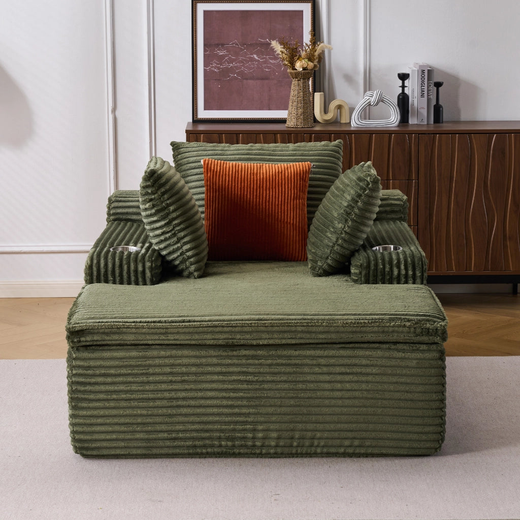 Divano angolare convertibile senza struttura con cuscini e portabicchieri in velluto a coste verde 165 × 112 × 63 cm