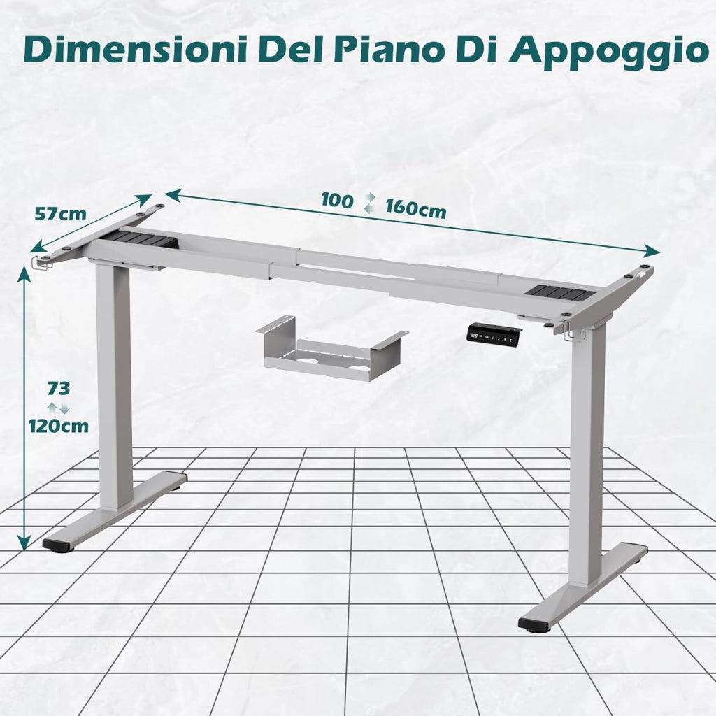 Scrivania Seduta E In Piedi, 2 Motori, Piano Scrivania Con 3 Tasti Di Memoria, Rotelle, Ganci E Scatola Per La Gestione Dei Cavi, Scrivania Regolabile In Altezza 73 – 120 cm, Gray