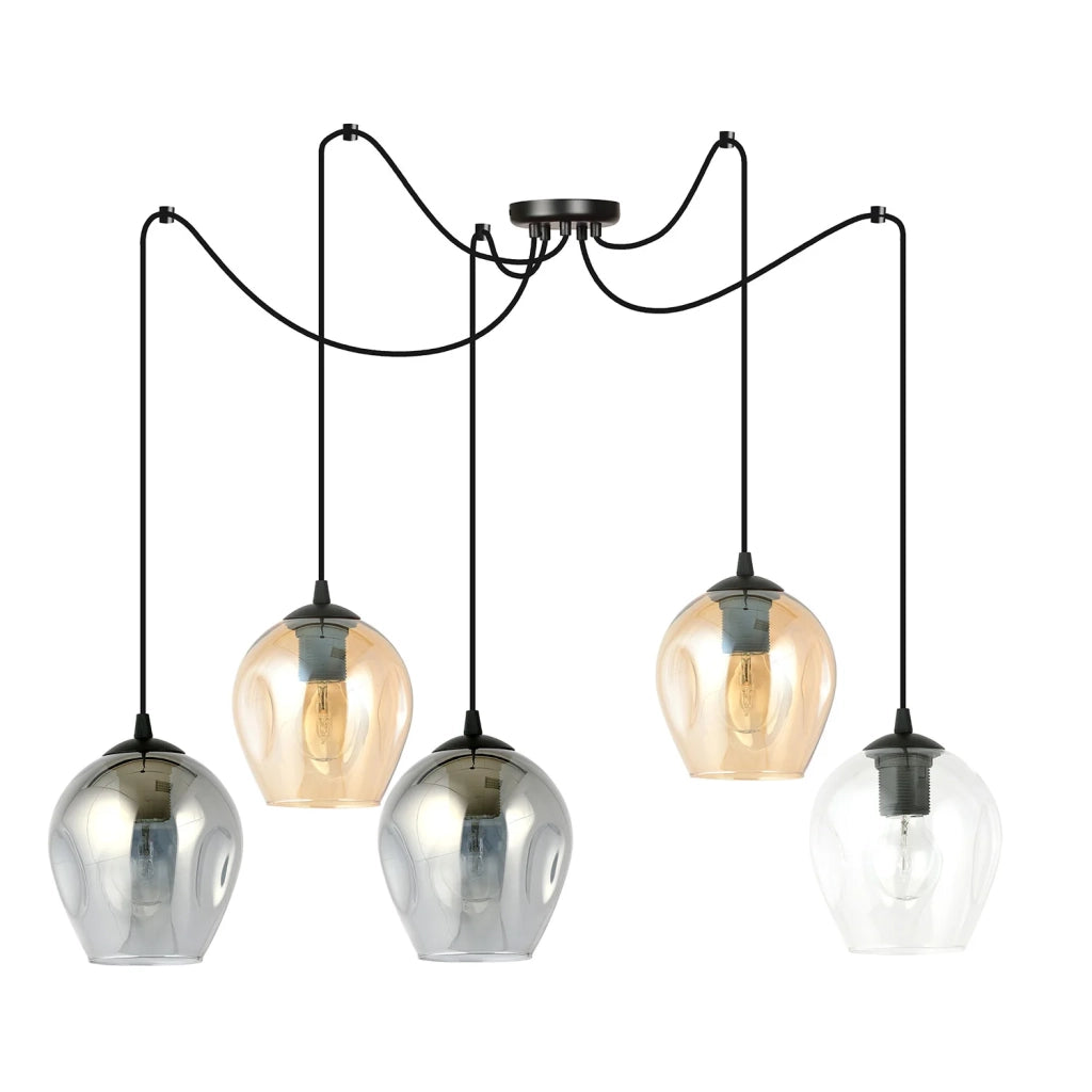 Sospensione 5 Luci Parsifal In Acciaio Nero E Vetro Multicolor Con Cavi Lunghi