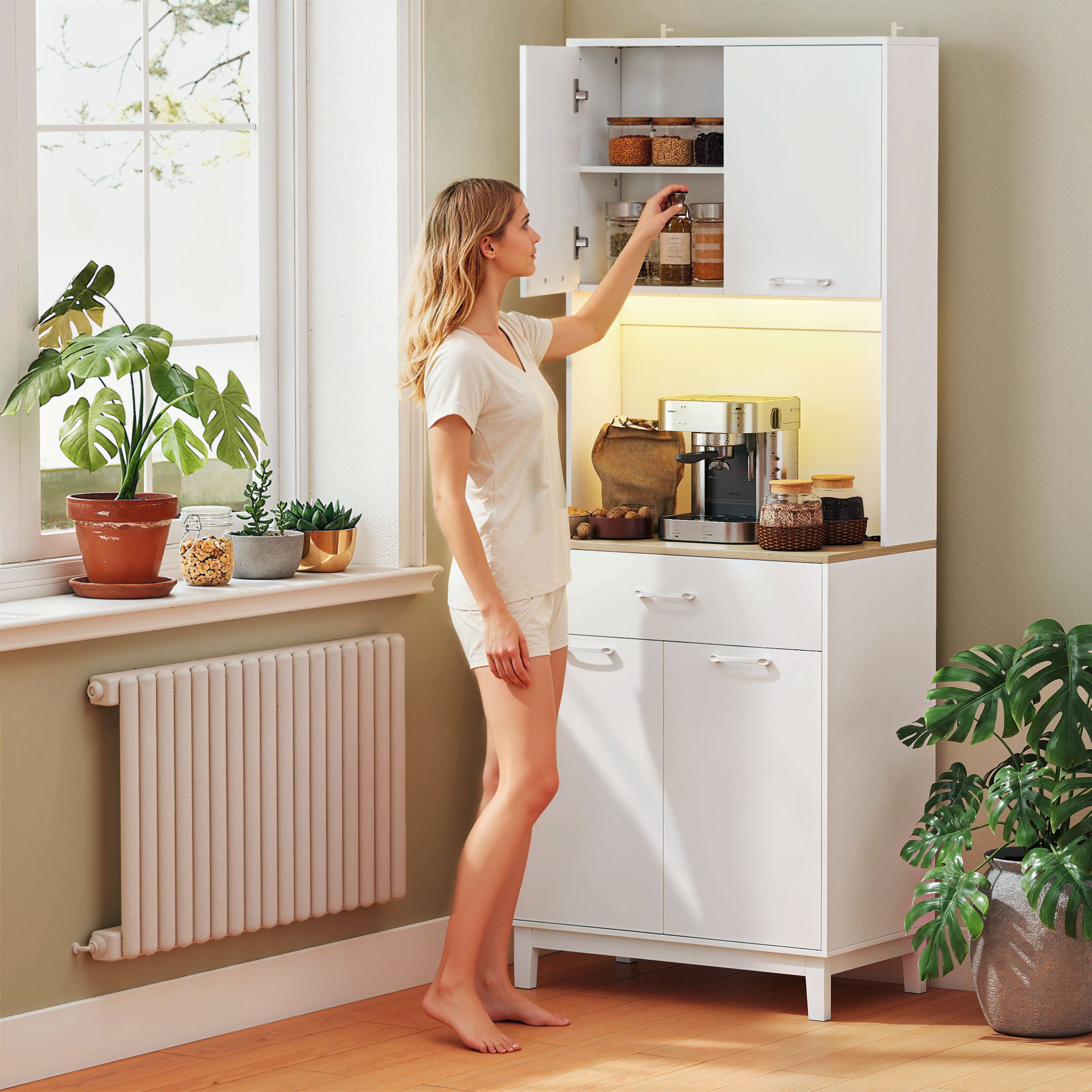 Credenza Moderna 71x40x180 cm con Luci LED Prese Elettriche e USB 2 Armadietti e Cassetto Bianco