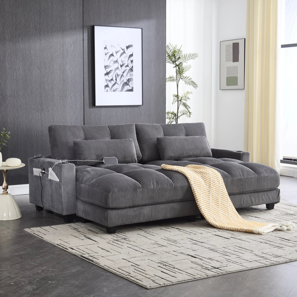 DIVANO 2 posti modulare 224x140x81 cm in corduroy grigio, divisibile in 2 poltrone