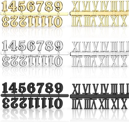 Cifre orarie per creare con cifre arabe e romane, cifre orarie da assemblare per progetti, sostituzione e riparazione di accessori orari (oro, argento, nero, 6 pezzi)