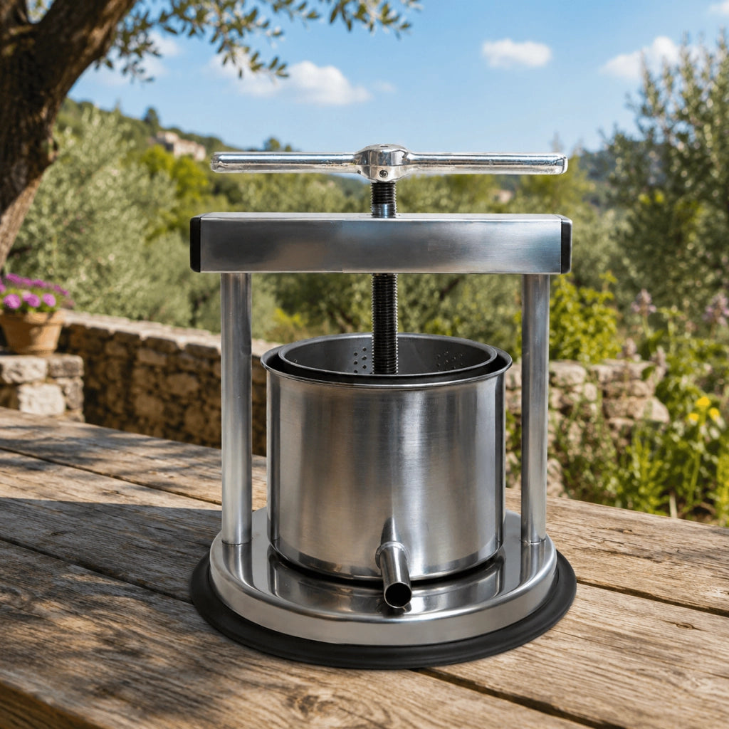 Torchietto Premitutto Manuale 5 Litri in Acciaio Inox con Manico in Alluminio – Pressa per Pomodoro, Frutta, Verdura e Uva – Robusto e Resistente