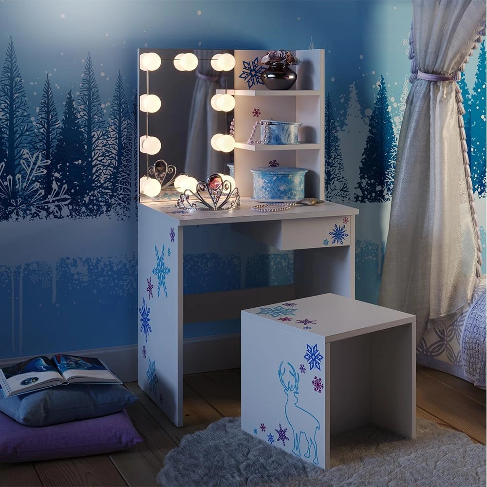 Tavolino da toilette per bambini Schneeflocke, Bianco, 54.8 cm con illuminazione a LED, adatto per la conservazione di cosmetici e accessori