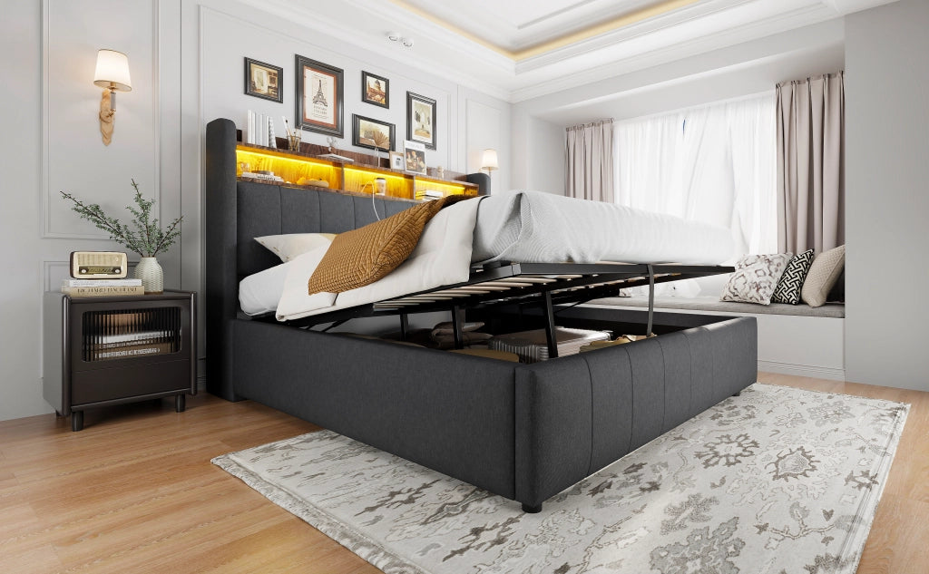 DESMIU Letto Contenitore Matrimoniale 160 × 200 cm con LED Regolabile, USB e Tipo-C, senza materasso, Grigio