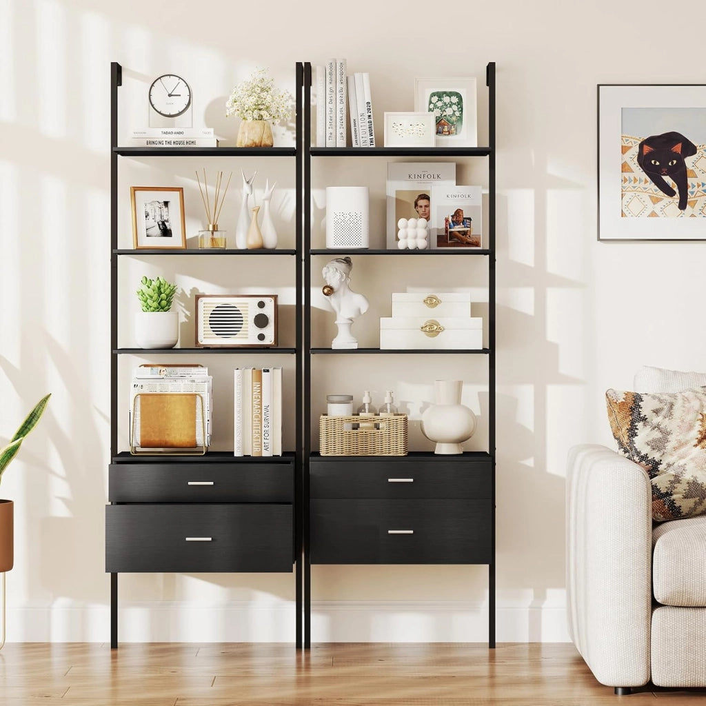 Libreria a Scala 184 cm, Scaffale da Parete a 6 Ripiani con 2 Cassetti e Struttura in Metallo, Ripiano Espositivo Aperto Moderno per Soggiorno Studio Ufficio, 60 x 30 x 184 cm (Nero)