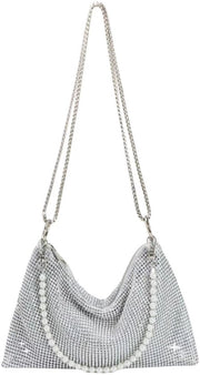 Borsa da Spalla Elegante con Catena a Perle e Scintille in Oro con Chiusura a Cerniera (Argento)