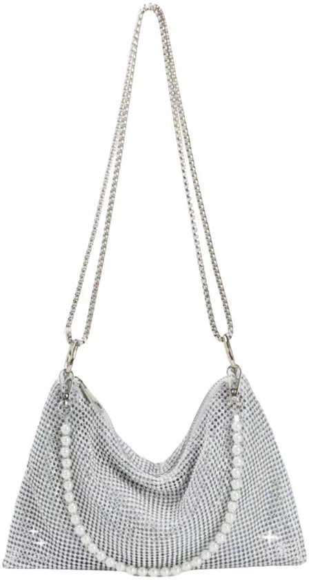 Borsa da Spalla Elegante con Catena a Perle e Scintille in Oro con Chiusura a Cerniera (Argento)