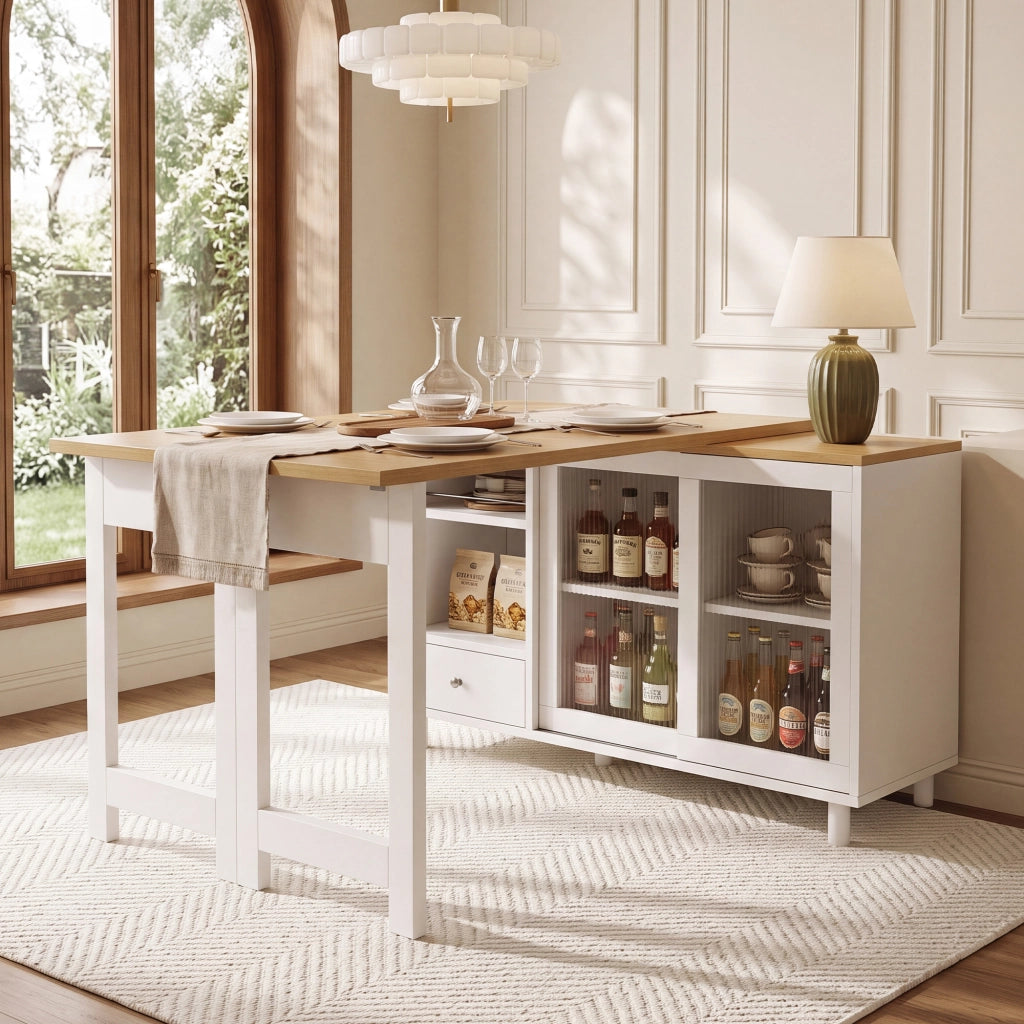Tavolo da pranzo pieghevole allungabile 120x40x75;5 cm con contenitore; piano girevole 360°; MDF/metallo/vetro; bianco