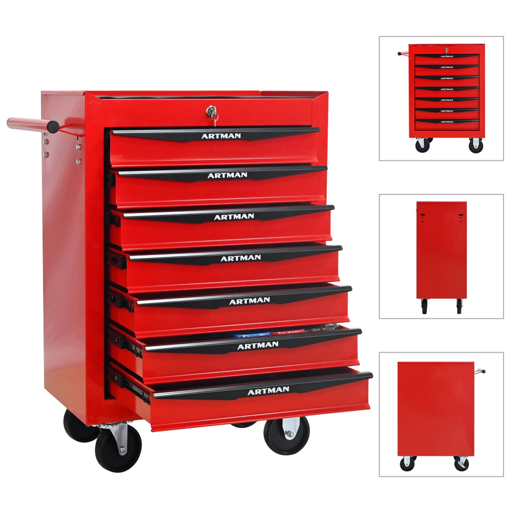 Carrello portautensili con 7 cassetti e chiusura, in acciaio, su ruote, per garage, rosso nero, 60 × 33 × 77,5 cm