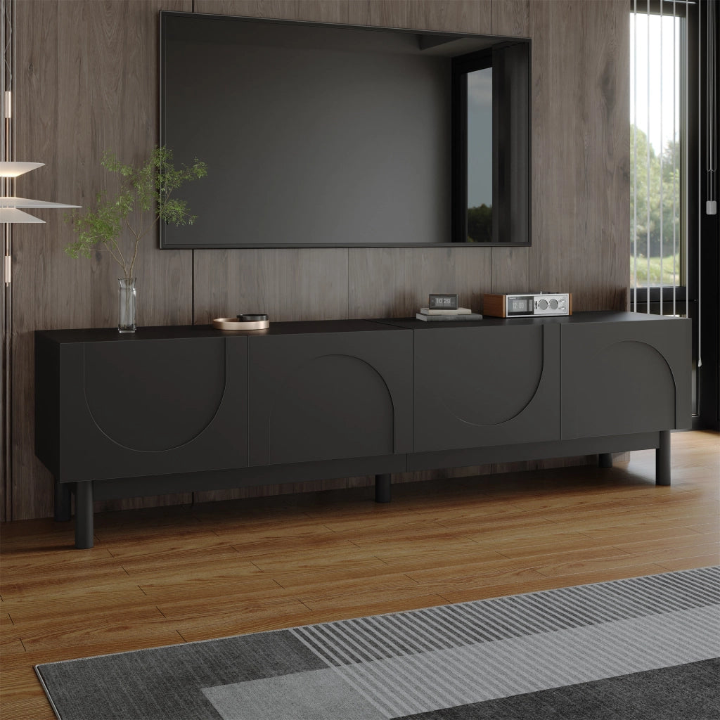 OKWISH Mobile TV con 4 Ante e Ripiani, Frontali Ondulati senza Maniglie, per Soggiorno, MDF e Pannelli di Particelle, Nero, 169 × 34 × 45.5 cm
