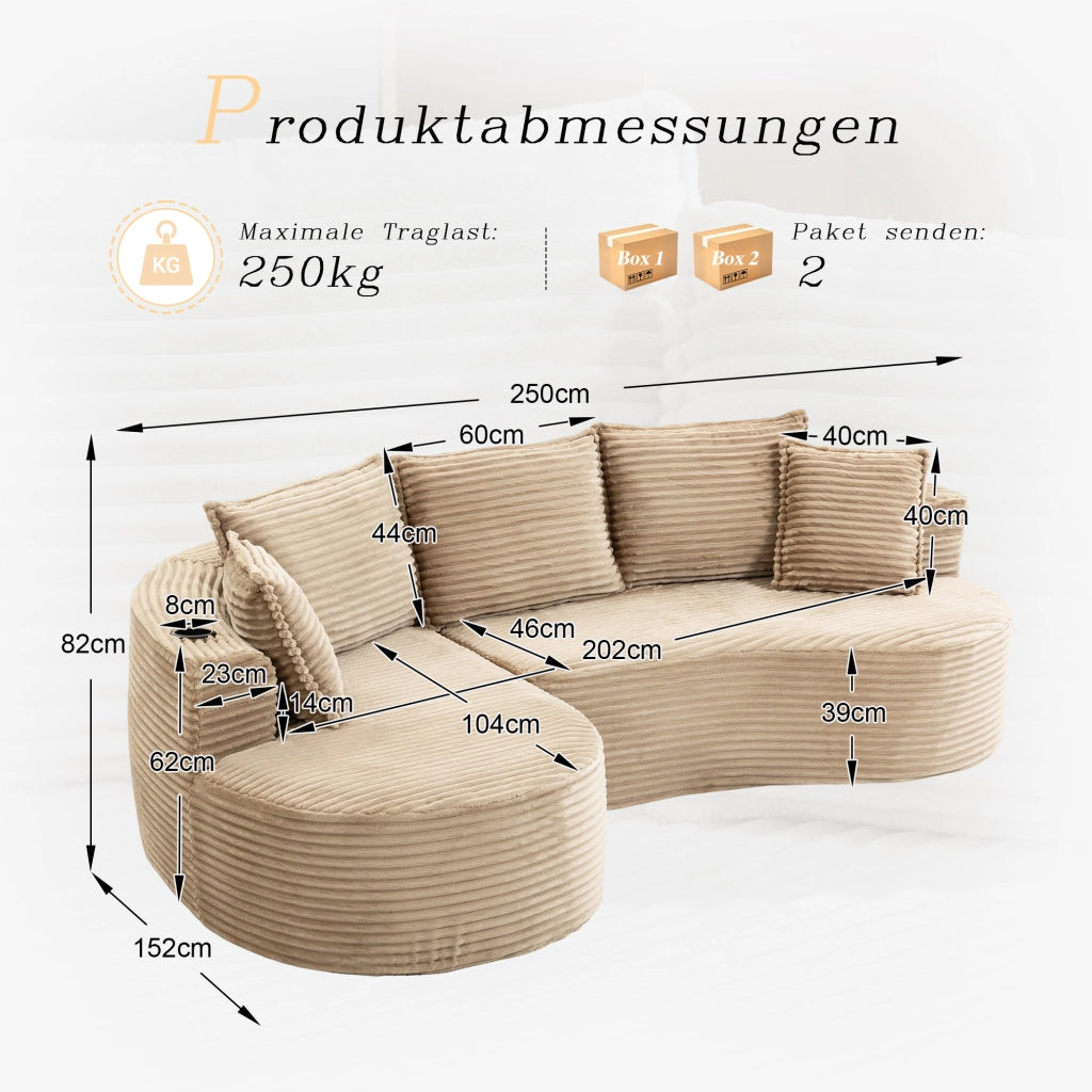 DIVANO Curvo 250x152x82 cm in tessuto corduroy Kaki con cuscino