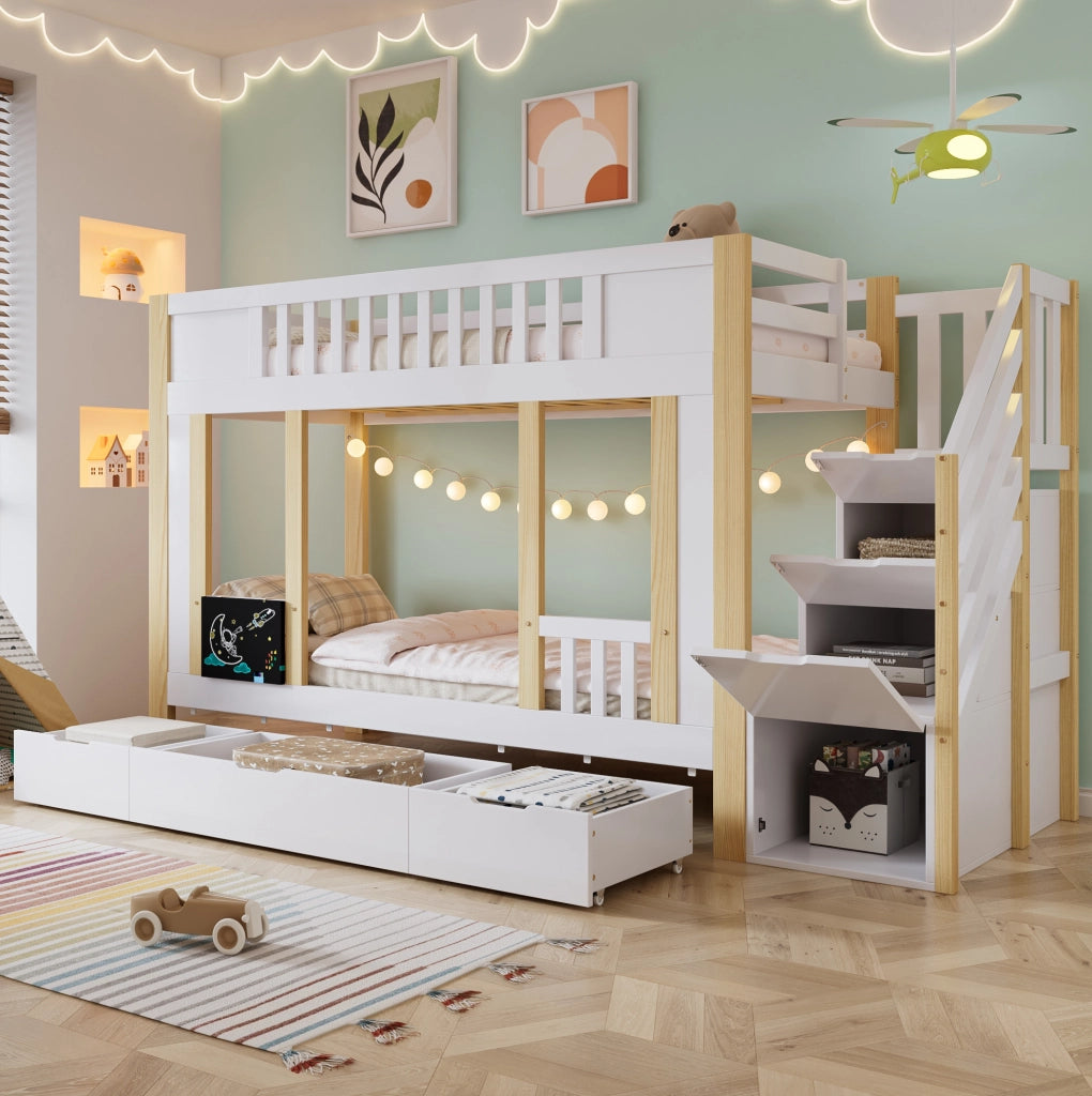 Letto a castello per bambini 90x200 cm con scala contenitore