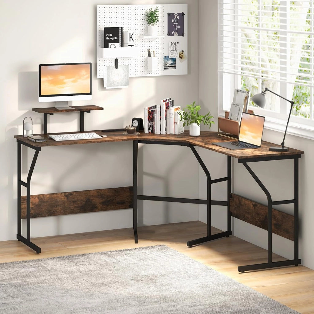 Scrivania ad Angolo a Forma di L con Presa Elettrica, Scrivania Angolare per Computer con Supporto Monitor Movibile, 225cm Postazione da Lavoro per 2 Persone per Lavoro e Gioco (Marrone)