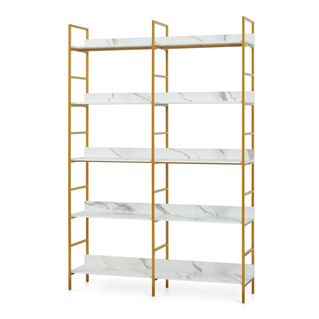 Libreria Noskik Scaffale da Terra con Ripiani 180 x 120 x 30 cm - Color Oro / Effetto Marmo Bianco [en.casa]