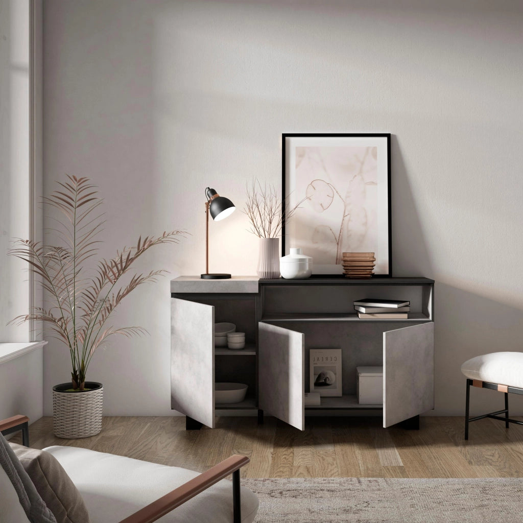 Credenza, Mobile, 150x35x87cm, 3 Porte, Design industriale, grigio cemento RF2497