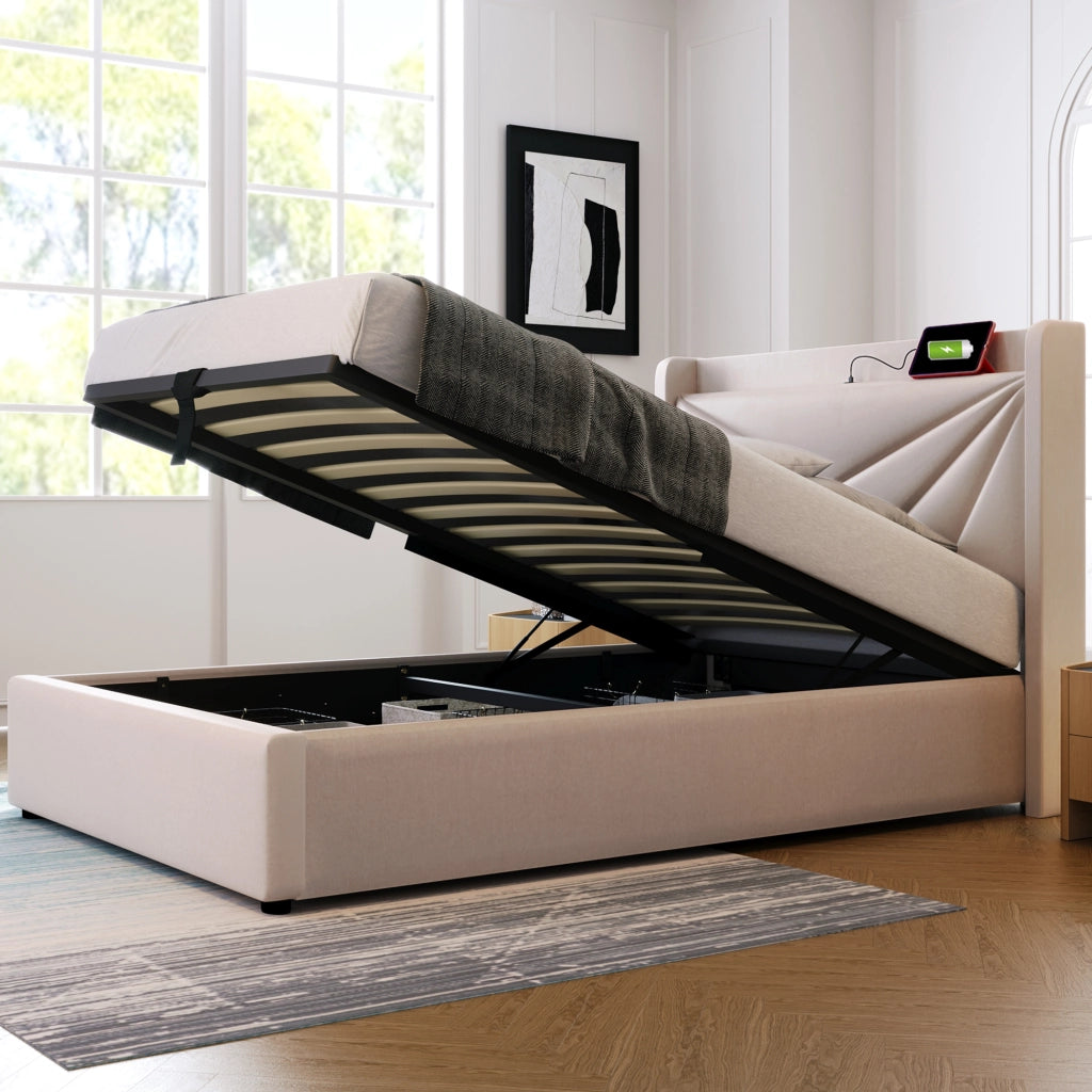 DESMIU Letto singolo 90 × 200 cm con contenitore, USB e Type-C, senza materasso, in cotone lino, beige