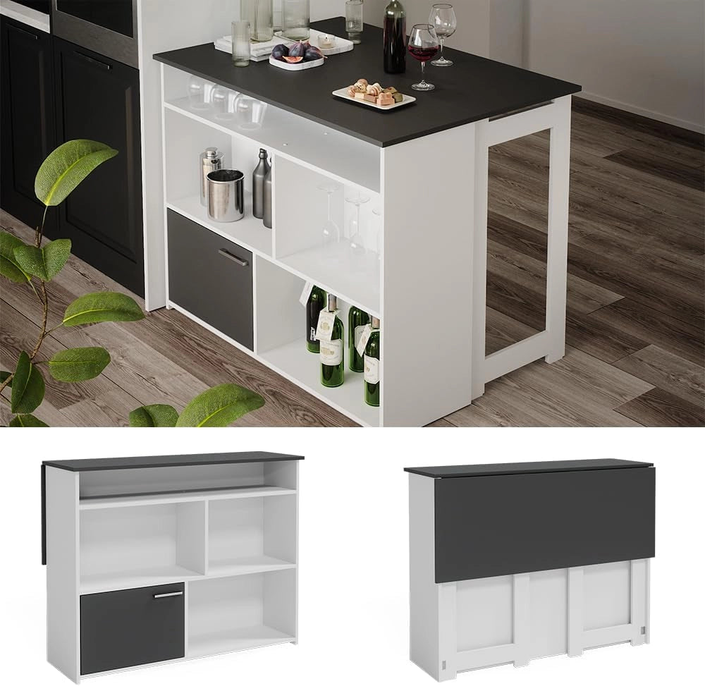 Tavolo bar alto Dominic, Antracite/bianco, 116 x 37 cm 4x scomparti aperti e 1x porta, piano del tavolo pieghevole per un utilizzo flessibile in spazi ridotti