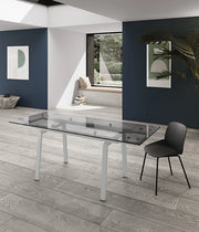 Tavolo da cucina allungabile Tommy 140/200x80cm in vetro temperato trasparente e struttura in metallo verniciato colore Bianco - Tommy
