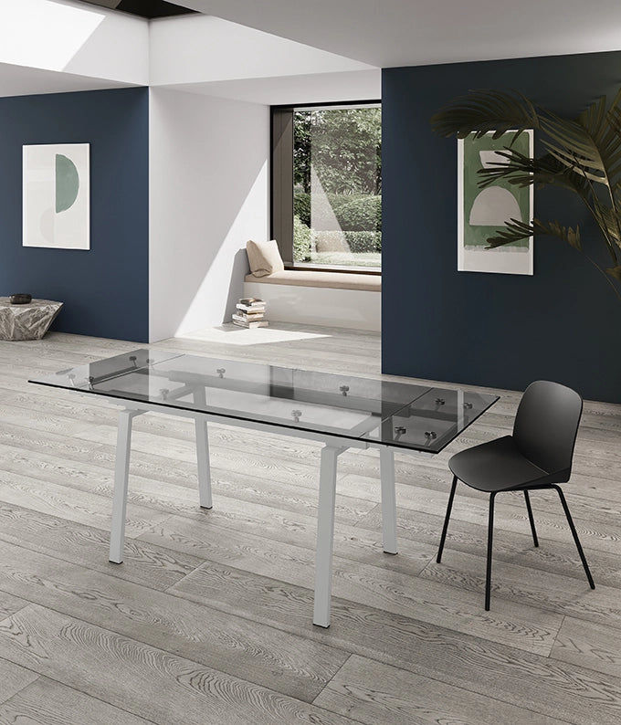 Tavolo da cucina allungabile Tommy 140/200x80cm in vetro temperato trasparente e struttura in metallo verniciato colore Bianco - Tommy