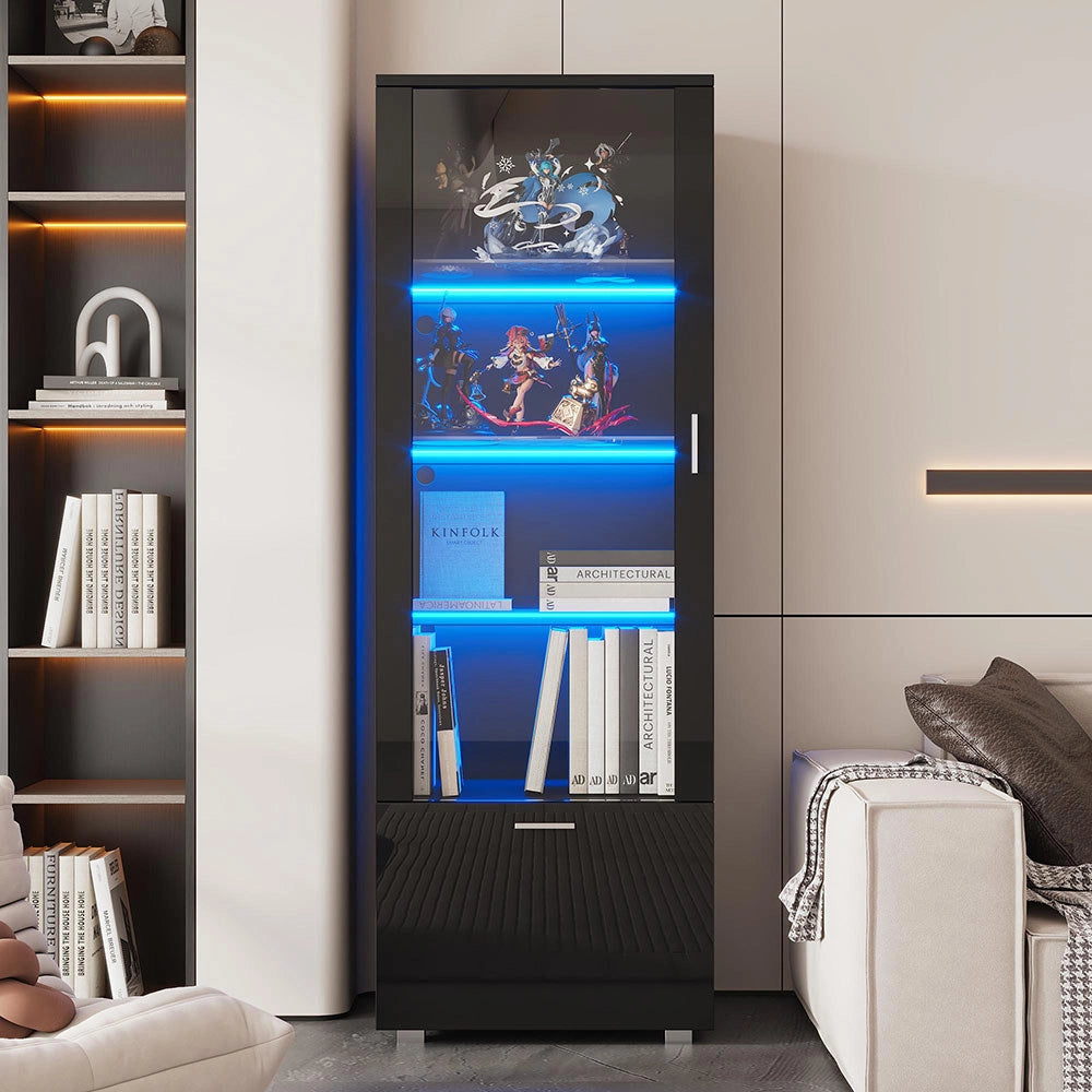 Vetrina collezionismo illuminata LED - Xylo - Porte nere lucide (3 ripiani)