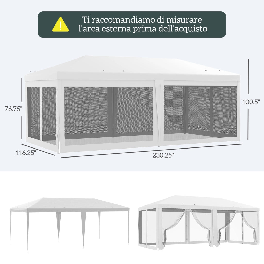 Gazebo da Giardino per Feste con 6 Pareti Rimovibili a Zanzariera. 582x295x255cm. Bianco