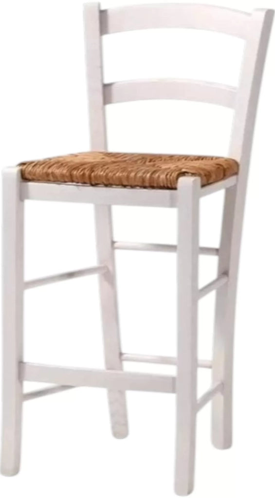 Sgabello shabby legno bianco seduta paglia 47x46x101 - Mobili 2G