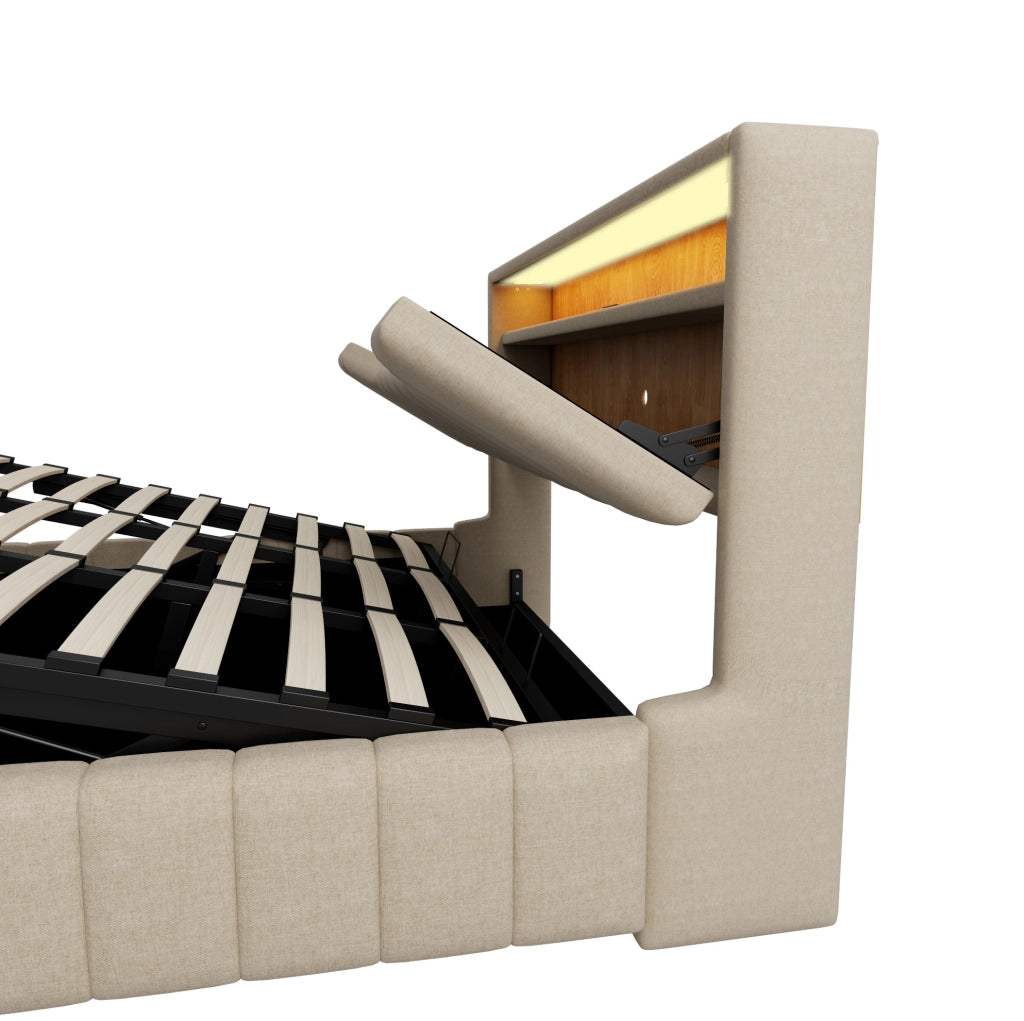Letto matrimoniale contenitore 214.5x181x107.5 cm con sistema idraulico; LED e testiera contenitore in tessuto beige