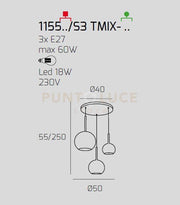 SOSP. OTTONE SAT. TONDA 3 LUCI VETRI 1 GRANDE OR +1 MEDIO CR +1 PICCOLO RA 1155OS-S3 TMIX-MC