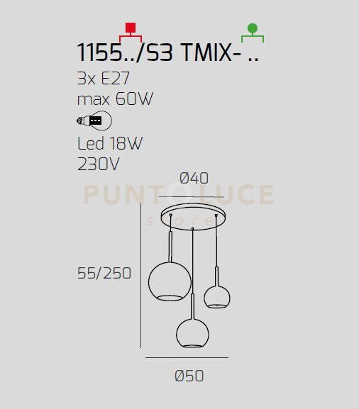SOSP. OTTONE SAT. TONDA 3 LUCI VETRI 1 GRANDE OR +1 MEDIO CR +1 PICCOLO RA 1155OS-S3 TMIX-MC