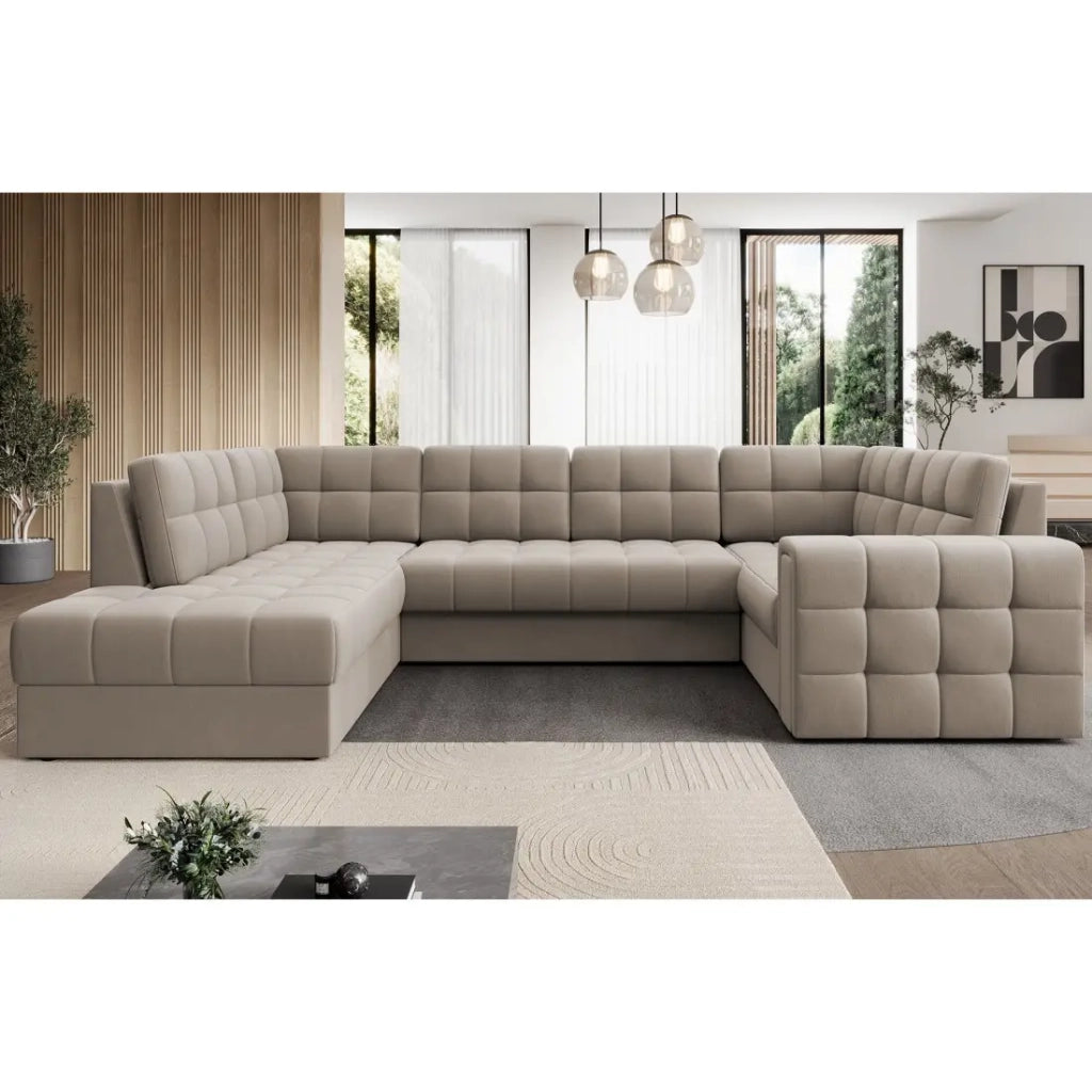 Divano angolare convertibile MONTEZA beige sinistro 299 cm con contenitore e letto