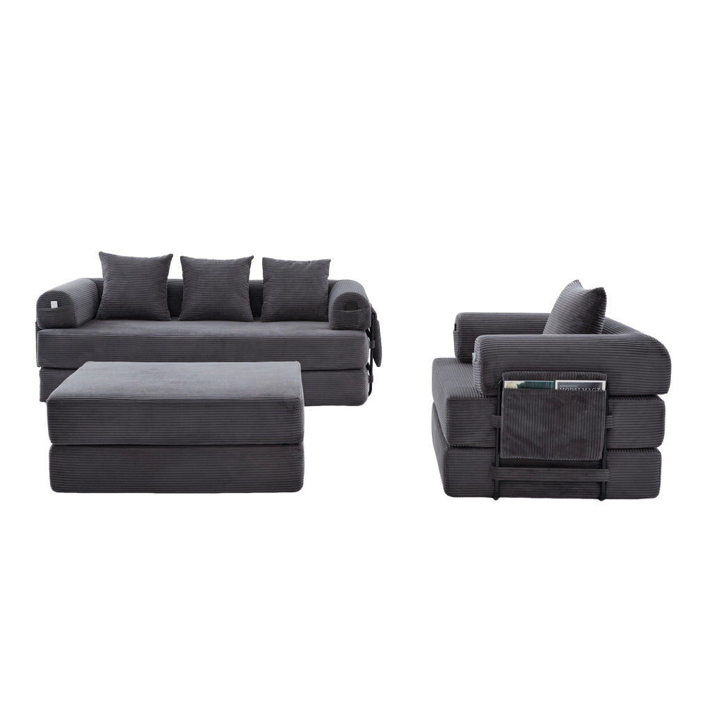 Divano modulare in corduroy a 4 posti con pouf, struttura in metallo, tasca laterale e cuscini