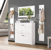 Set ingresso 4 pezzi con specchio e scarpiera 89;5x23x96;5 cm; bianco opaco e vetro
