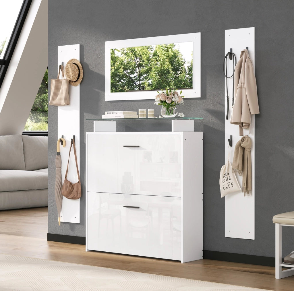 Set ingresso 4 pezzi con specchio e scarpiera 89;5x23x96;5 cm; bianco opaco e vetro