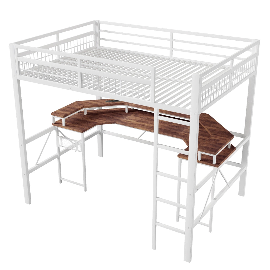 Letto a Soppalco con Scrivania e LED ¨C MINIMAL ¨C Struttura Metallo Bianco 140x200