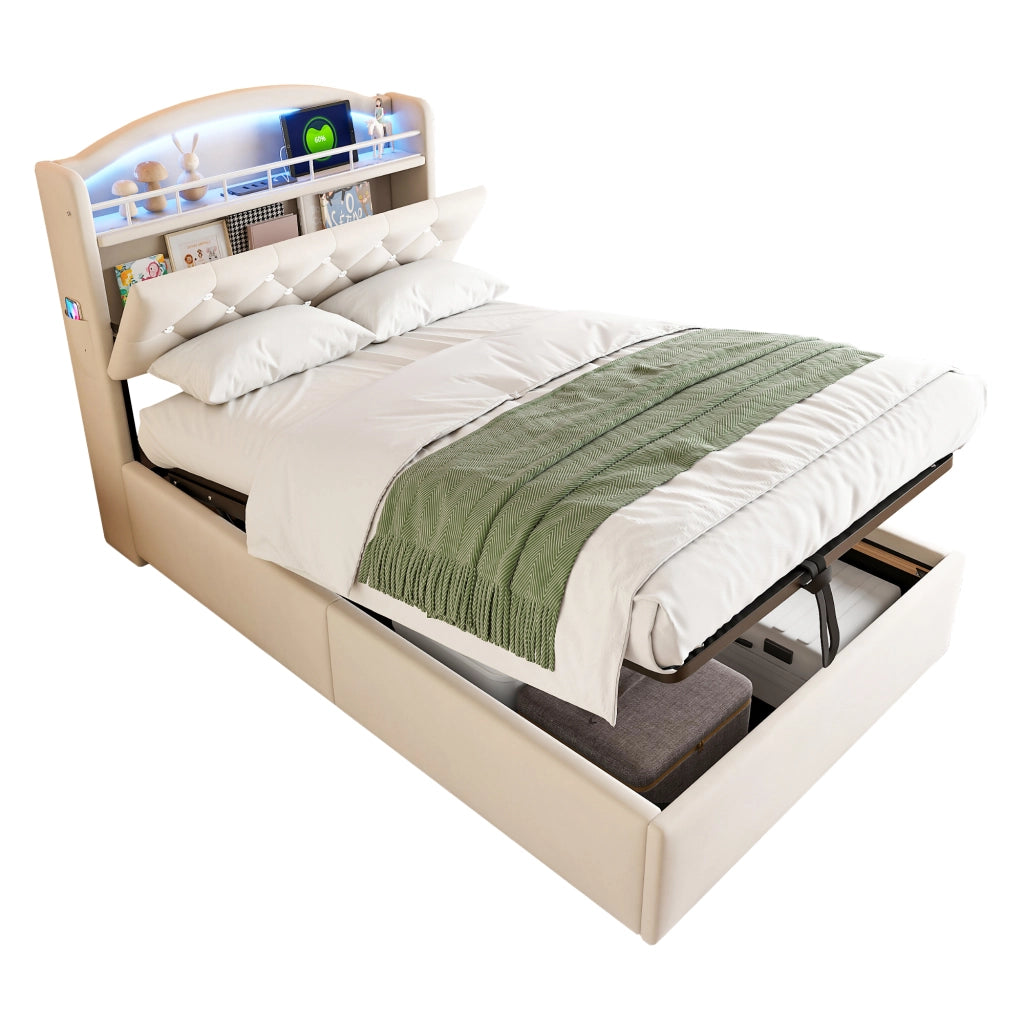 Letto Contenitore Singolo 90x200 cm; LED; USB e Type-C; in Tessuto Beige