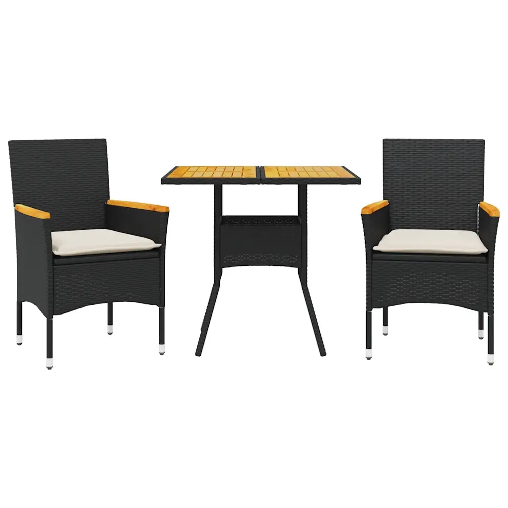 Set Pranzo da Giardino 3 pz | Set Salotto da Giardino con Cuscini Nero Polyrattan Acacia