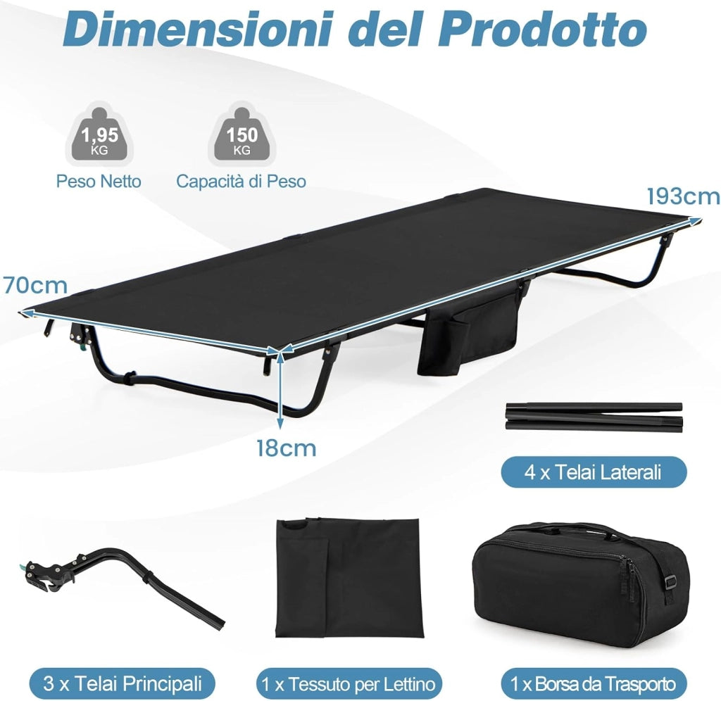 Brandina da Campeggio, Letto Pieghevole e Portatile con Tasca Laterale e Borsa da Trasporto, Lettino con Struttura in Metallo per Viaggio e Spiaggia, Portata 150 kg