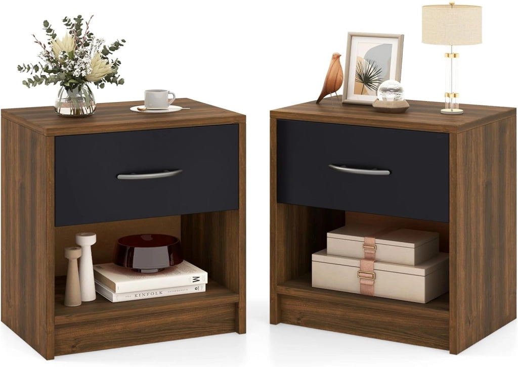COSTWAY Comodino 38,5 x 28 x 40,5cm in Legno, Tavolino Salvaspazio con Scomparto Aperto e Casseto per Soggiorno e Camera da Letto (Marrone+Nero)