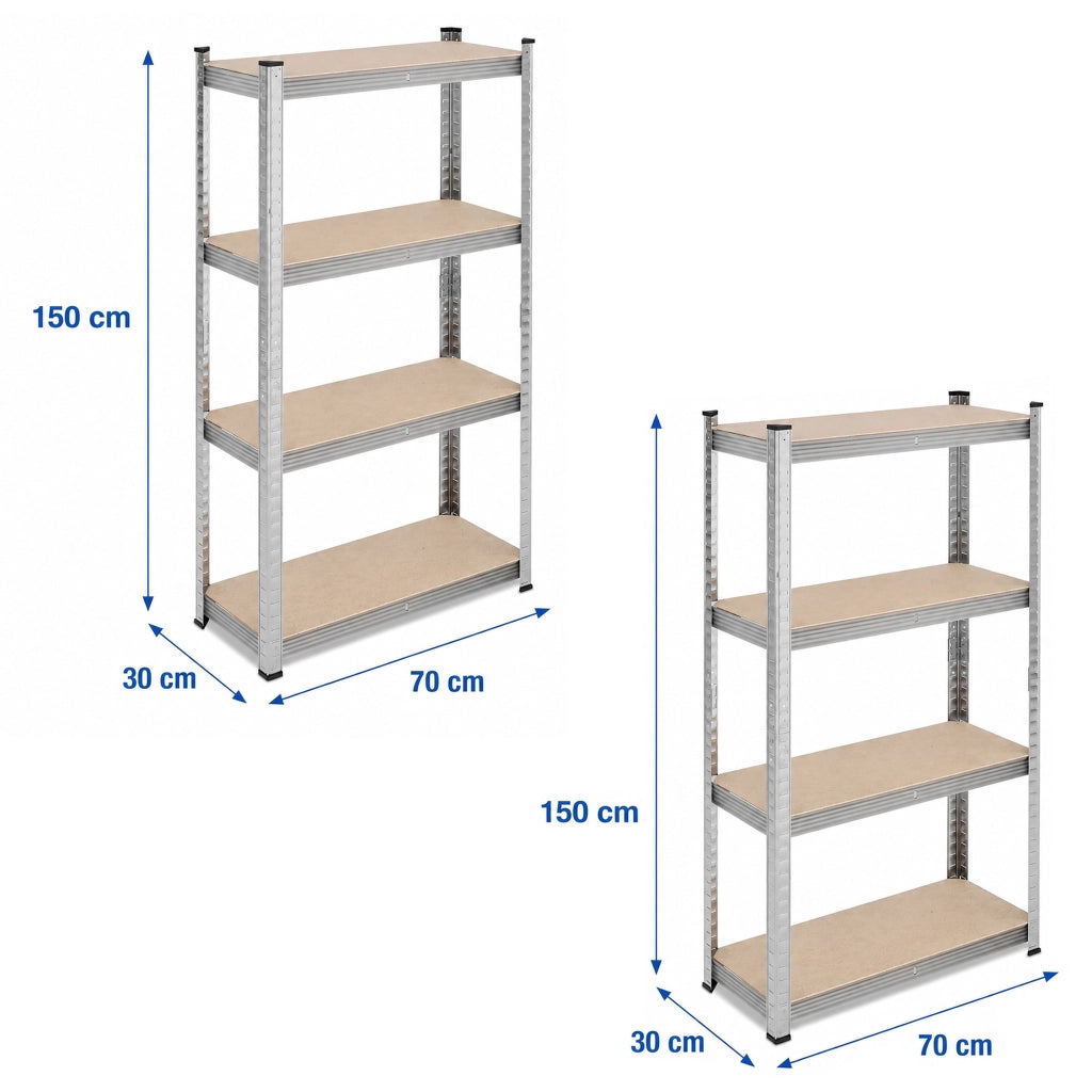 Set 2 Scaffali Metallici 4 Ripiani in MDF 30x70x150 cm – Scaffalatura ad Incastro Senza Viti – Per Garage, Magazzino, Cantina e Deposito