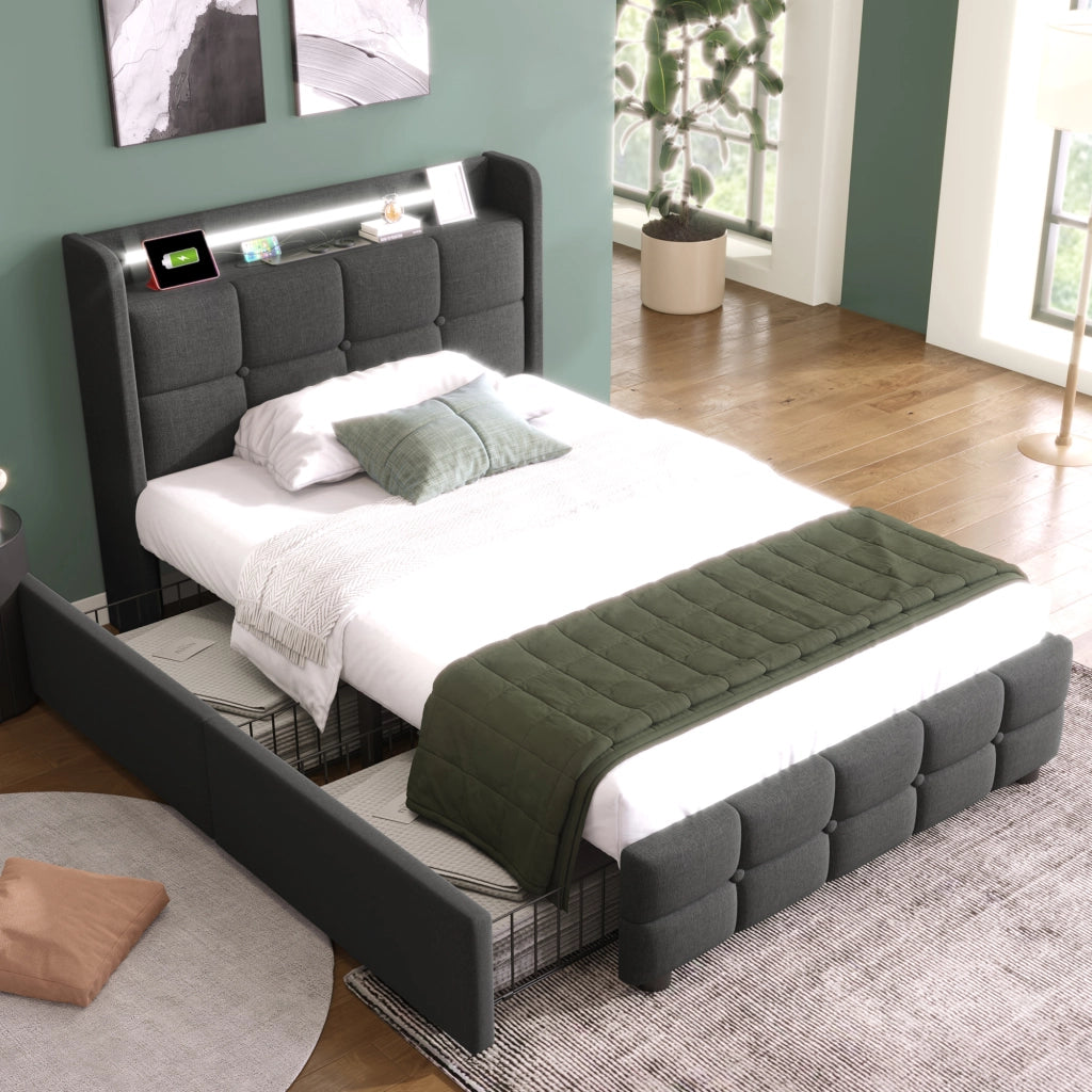 OKWISH Letto Singolo 90×200 cm con Prese, USB, LED Regolabile e 2 Cassetti, senza Materasso, in Legno, Grigio
