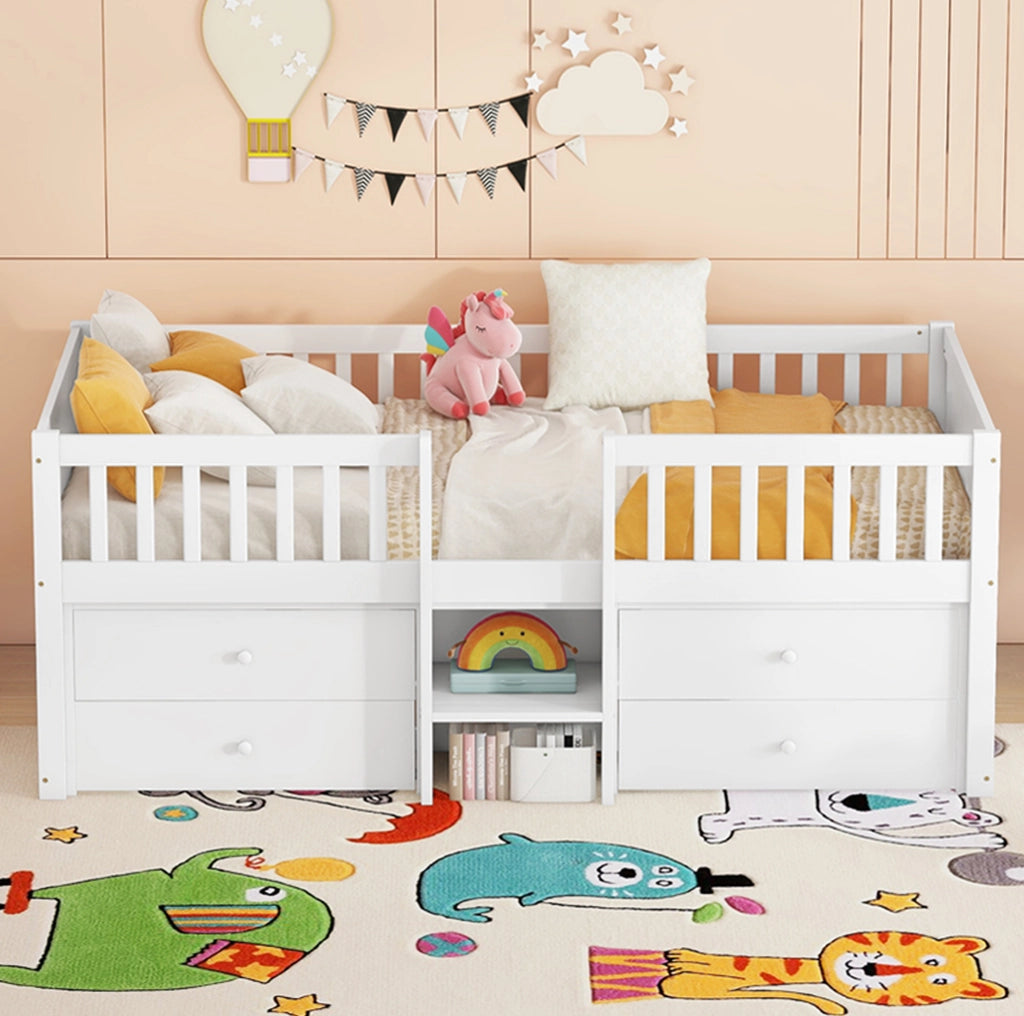 Letto semialto 90x200 cm bianco con 4 cassetti, scala e sponde di sicurezza