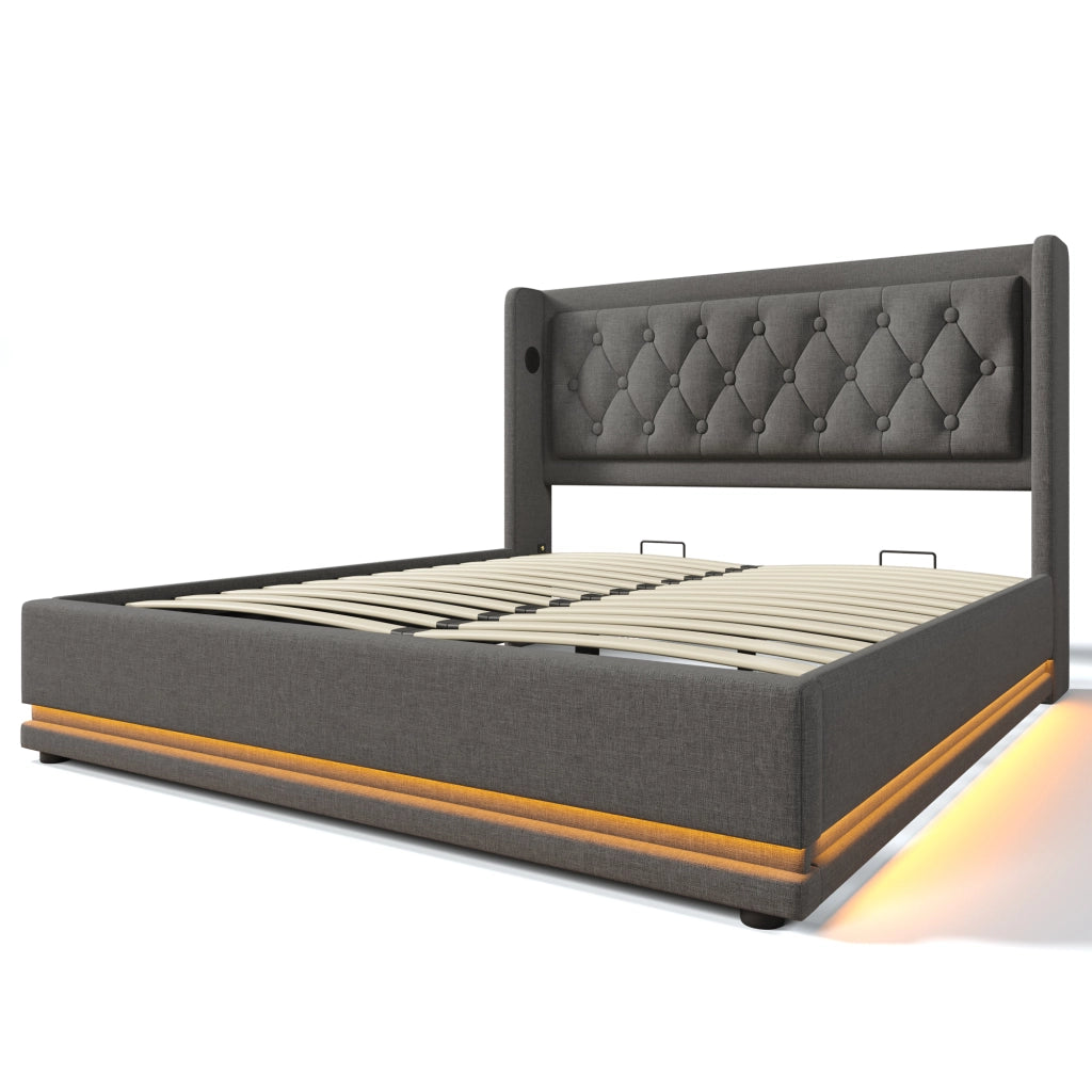 Letti contenitori 140x200 cm; contenitore con LED e USB; cotone; grigio (Senza materasso)