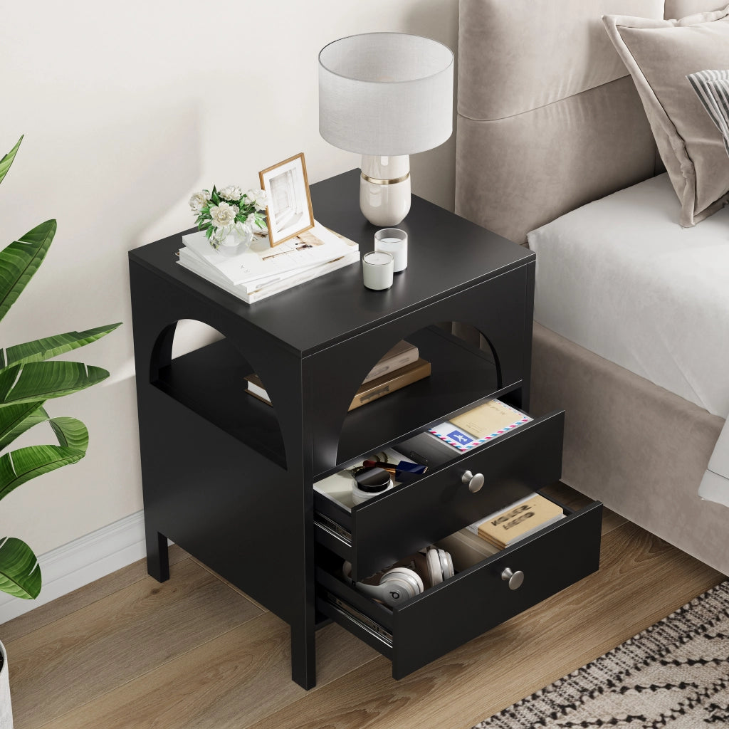 Comodino moderno multifunzione con 2 cassetti e 1 vano aperto, in MDF, per camera da letto, nero, 45 × 40 × 58 cm