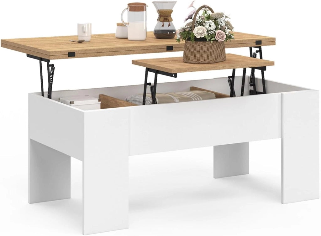 Tavolino rettangolare con piano sollevabile, trasformabile in tavolo da pranzo TARA, in legno bianco e faggio finto