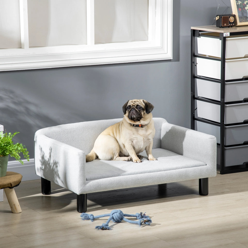 Divano per Cani Taglia Media e Piccola Vellutato con Cuscino. Braccioli e Schienale. 82x54x36 cm. Grigio Chiaro