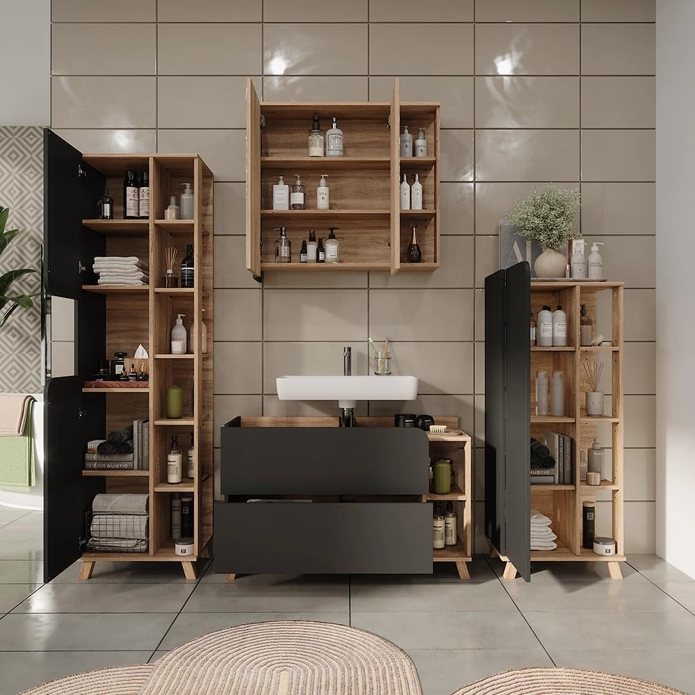 Set di mobili da bagno Karen, Sonoma/antracite, 100 cm, composto da mobile lavabo, pensile a specchio, colonna e base media